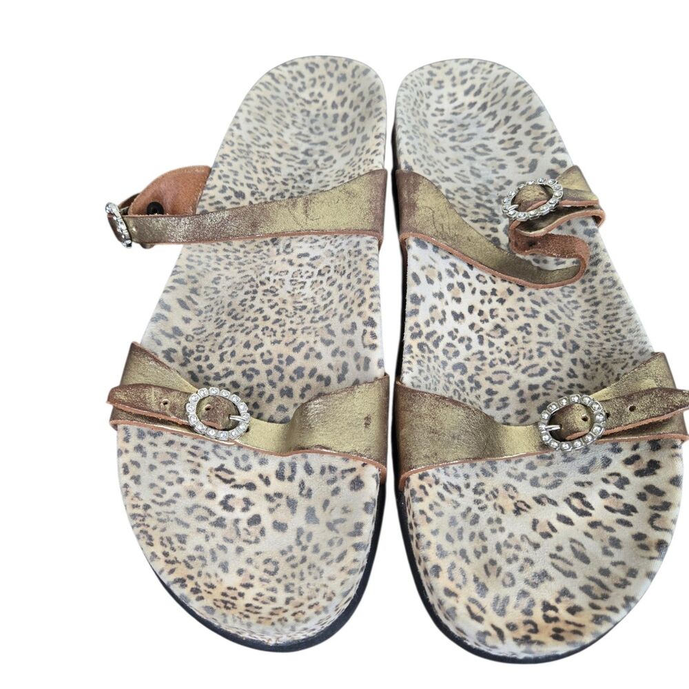 Mephisto Idelya Sandals 40, US 10 Gold Leather Strap Rhinestone Buckle Leopard